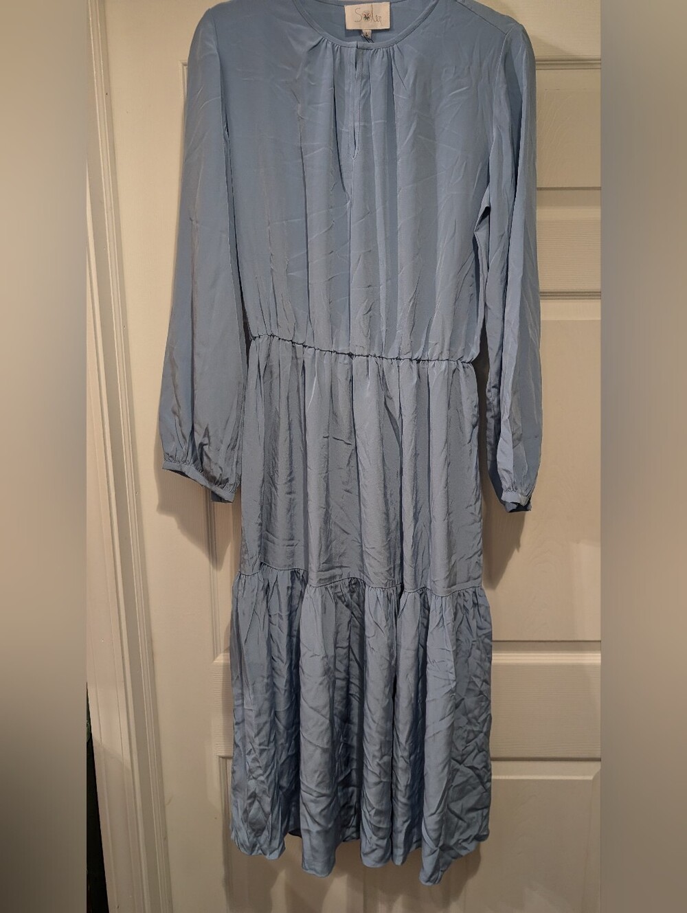 NWT Soler London Pauline 100% Silk Tiered Maxi Dress Blue Long Sleeve Size L